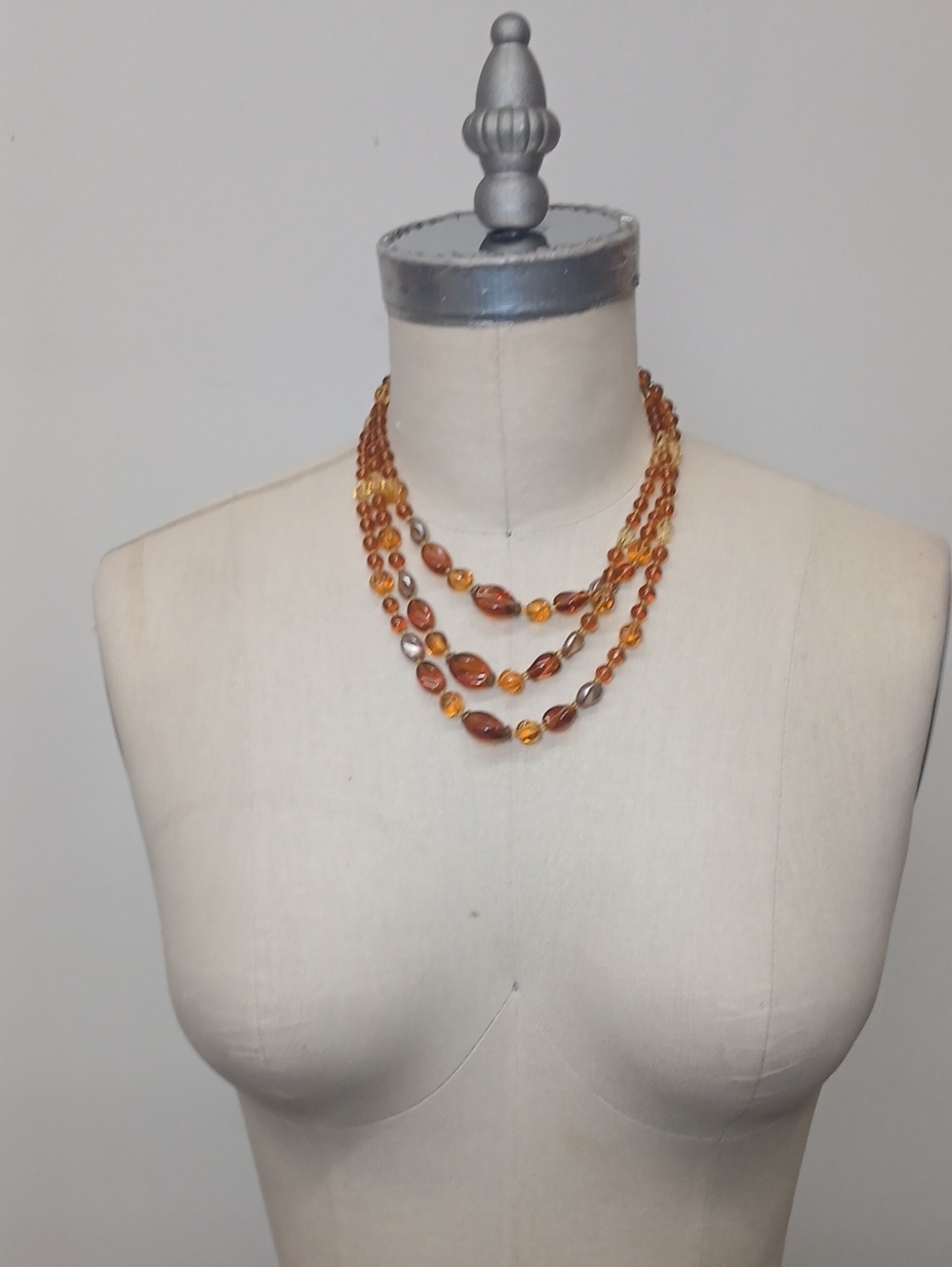 Vintage Multi-Strand Amber & Gold Glass Bead Necklace - Marked GERMANY